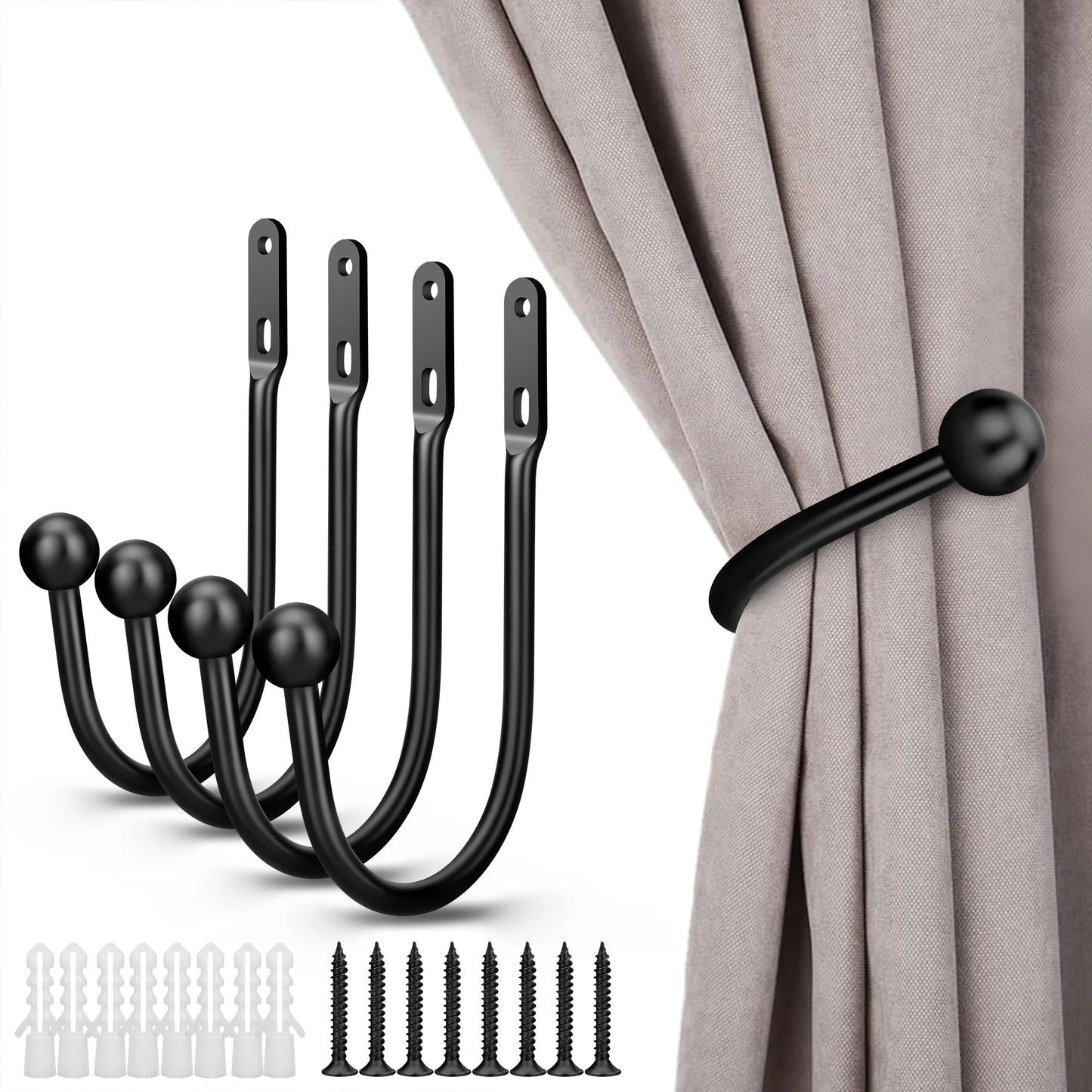 TJR-CT1006, TSV 4pcs Black Retro Curtain Holdbacks – Metal Hook Set with Screws