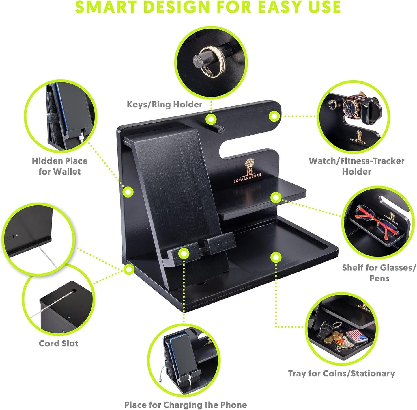 Wood Phone docking station for Men Luxury Wooden Organizer Nightstand
